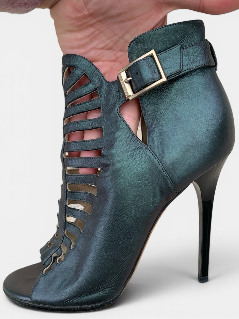 Jimmy Choo Iridescent Teal Cutout Stiletto Sandal Heels with Gold Buckle EU 38.5